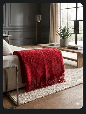 Restoration Hardware Mohair Angora Blend Red Fringe Throw Blanket 50X70